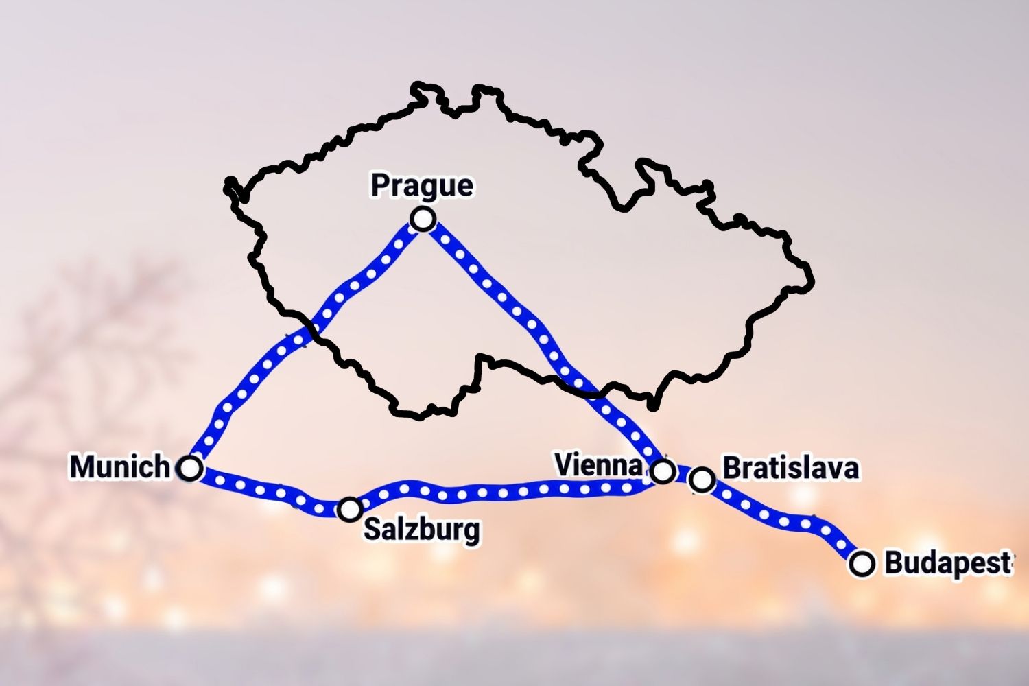 Mapa adventní cesty vlakem přes Prahu, Mnichov, Salcburk, Vídeň, Budapešť a Bratislavu